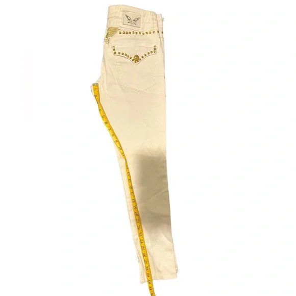 Robin’s Jeans Men’s Sz 29 Studded Gold white Designer Fashion Flap Button Wing